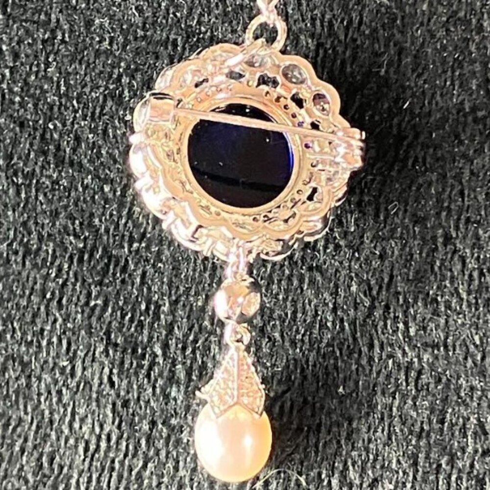 Handcrafted Sapphire Blue Cabochon Clear Cubic Zirconia Pearl Pendant Pin  20" - Picture 8 of 11